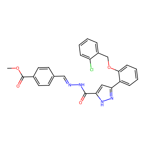 (E)-methyl 4-((2-(3-(2-((2-chlorobenzyl)oxy)phenyl)-1H-pyrazole-5-carbonyl)hydrazono)methyl)benzoate structure