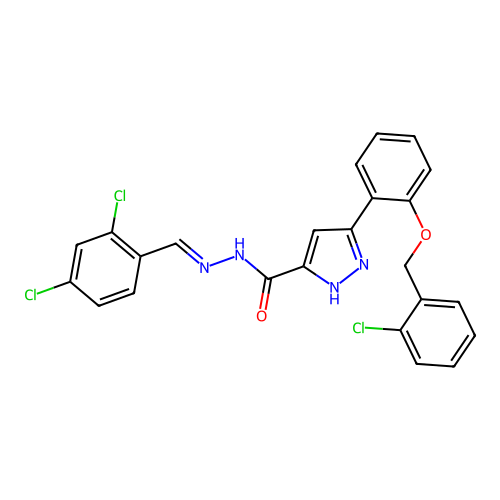 3-{2-[(2-chlorobenzyl)oxy]phenyl}-N'-[(E)-(2,4-dichlorophenyl)methylidene]-1H-pyrazole-5-carbohydrazide structure