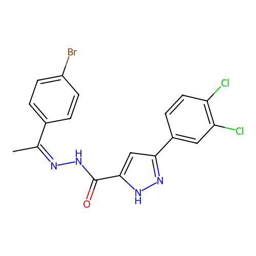 (Z)-N'-(1-(4-bromophenyl)ethylidene)-3-(3,4-dichlorophenyl)-1H-pyrazole-5-carbohydrazide structure