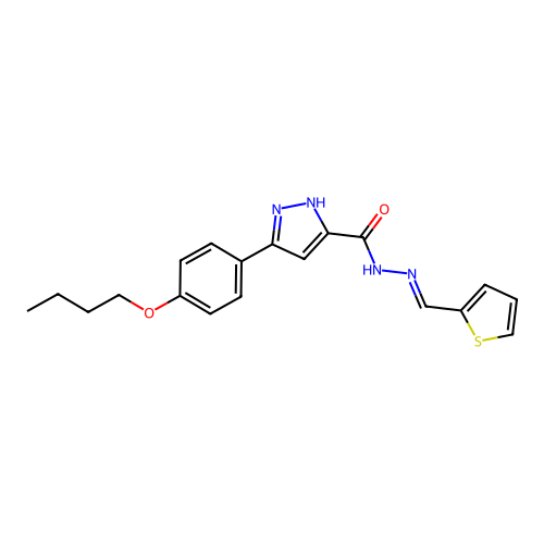 (E)-3-(4-butoxyphenyl)-N'-(thiophen-2-ylmethylene)-1H-pyrazole-5-carbohydrazide structure