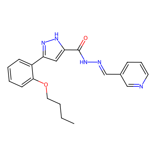 (E)-3-(2-butoxyphenyl)-N'-(pyridin-3-ylmethylene)-1H-pyrazole-5-carbohydrazide structure