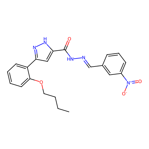 (E)-3-(2-butoxyphenyl)-N'-(3-nitrobenzylidene)-1H-pyrazole-5-carbohydrazide structure