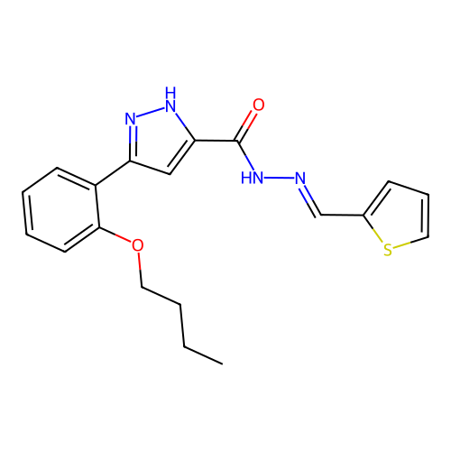3-(2-butoxyphenyl)-N'-[(E)-thiophen-2-ylmethylidene]-1H-pyrazole-5-carbohydrazide structure
