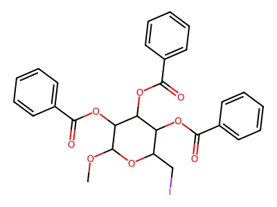 methyl 2,3,4-tri-O-benzoyl-6-deoxy-6-iodohexopyranoside structure
