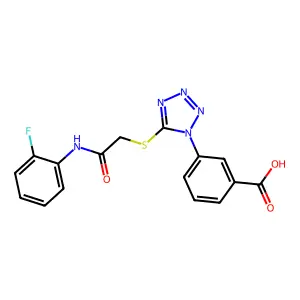 3-[5-[2-(2-Fluoroanilino)-2-oxoethyl]sulfanyltetrazol-1-yl]benzoic acid structure