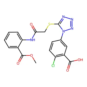 2-chloro-5-[5-[2-(2-methoxycarbonylanilino)-2-oxoethyl]sulfanyltetrazol-1-yl]benzoic acid structure