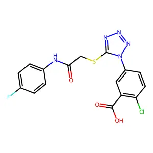 2-Chloro-5-[5-[2-(4-fluoroanilino)-2-oxoethyl]sulfanyltetrazol-1-yl]benzoic acid structure