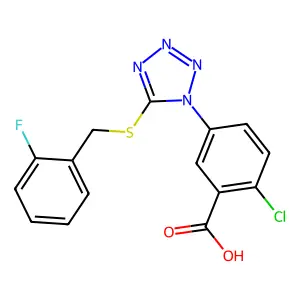 2-Chloro-5-[5-[(2-fluorophenyl)methylsulfanyl]tetrazol-1-yl]benzoic acid structure