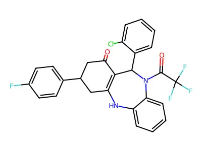11-(2-chlorophenyl)-3-(4-fluorophenyl)-10-(trifluoroacetyl)-2,3,4,5,10,11-hexahydro-1H-dibenzo[b,e][1,4]diazepin-1-one structure
