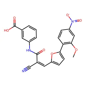 3-({(2E)-2-cyano-3-[5-(2-methoxy-4-nitrophenyl)furan-2-yl]prop-2-enoyl}amino)benzoic acid structure