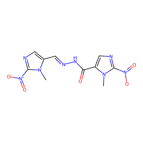 3-methyl-N-[(E)-(3-methyl-2-nitroimidazol-4-yl)methylideneamino]-2-nitroimidazole-4-carboxamide structure