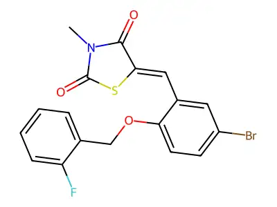(5Z)-5-{5-bromo-2-[(2-fluorobenzyl)oxy]benzylidene}-3-methyl-1,3-thiazolidine-2,4-dione structure
