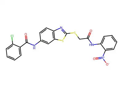 2-chloro-N-[2-[2-(2-nitroanilino)-2-oxoethyl]sulfanyl-1,3-benzothiazol-6-yl]benzamide structure