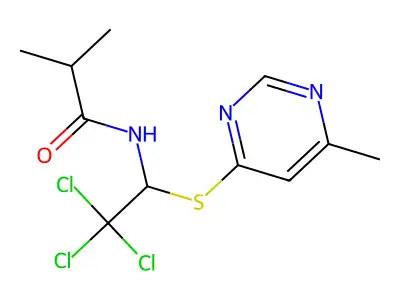 2-methyl-N-{2,2,2-trichloro-1-[(6-methylpyrimidin-4-yl)sulfanyl]ethyl}propanamide structure