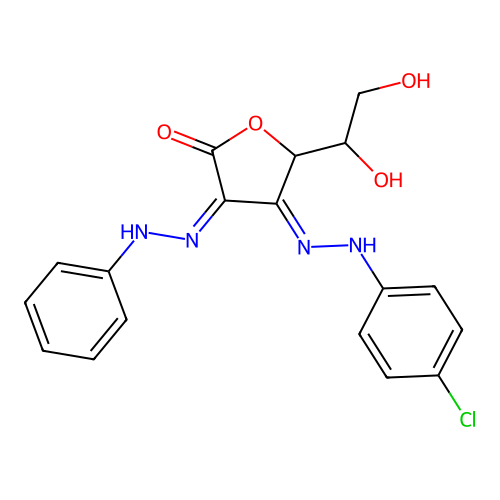 (3Z,4Z)-4-[2-(4-Chlorophenyl)hydrazinylidene]-5-(1,2-dihydroxyethyl)-3-(2-phenylhydrazinylidene)oxolan-2-one structure