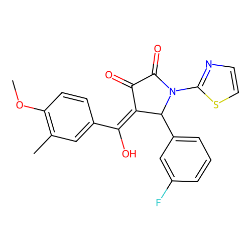 (4E)-5-(3-fluorophenyl)-4-[hydroxy(4-methoxy-3-methylphenyl)methylidene]-1-(1,3-thiazol-2-yl)pyrrolidine-2,3-dione structure