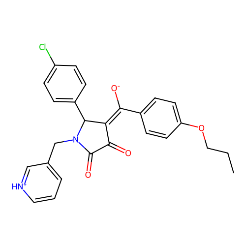(E)-[2-(4-chlorophenyl)-4,5-dioxo-1-(pyridin-1-ium-3-ylmethyl)pyrrolidin-3-ylidene]-(4-propoxyphenyl)methanolate structure