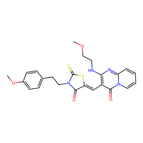 2-[(2-methoxyethyl)amino]-3-[(Z)-{3-[2-(4-methoxyphenyl)ethyl]-4-oxo-2-thioxo-1,3-thiazolidin-5-ylidene}methyl]-4H-pyrido[1,2-a]pyrimidin-4-one structure
