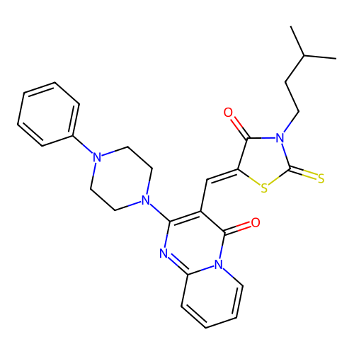 3-{(Z)-[3-(3-methylbutyl)-4-oxo-2-thioxo-1,3-thiazolidin-5-ylidene]methyl}-2-(4-phenylpiperazin-1-yl)-4H-pyrido[1,2-a]pyrimidin-4-one structure