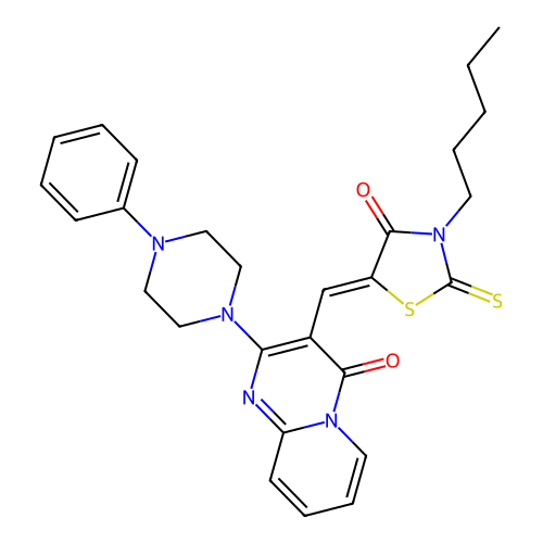 3-[(Z)-(4-oxo-3-pentyl-2-thioxo-1,3-thiazolidin-5-ylidene)methyl]-2-(4-phenylpiperazin-1-yl)-4H-pyrido[1,2-a]pyrimidin-4-one structure
