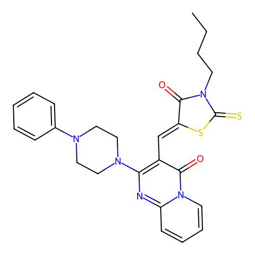 3-[(Z)-(3-butyl-4-oxo-2-thioxo-1,3-thiazolidin-5-ylidene)methyl]-2-(4-phenylpiperazin-1-yl)-4H-pyrido[1,2-a]pyrimidin-4-one structure