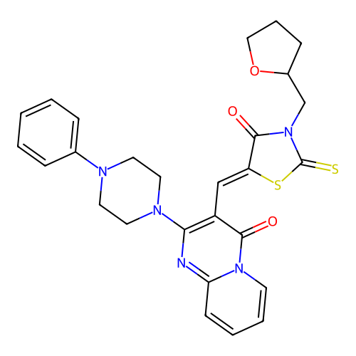 3-{(Z)-[4-oxo-3-(tetrahydrofuran-2-ylmethyl)-2-thioxo-1,3-thiazolidin-5-ylidene]methyl}-2-(4-phenylpiperazin-1-yl)-4H-pyrido[1,2-a]pyrimidin-4-one structure
