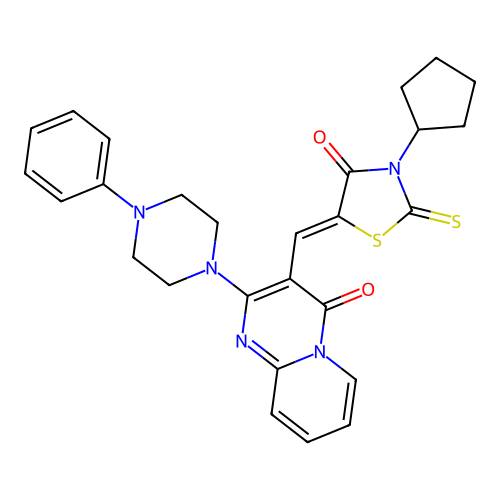 3-[(Z)-(3-cyclopentyl-4-oxo-2-thioxo-1,3-thiazolidin-5-ylidene)methyl]-2-(4-phenylpiperazin-1-yl)-4H-pyrido[1,2-a]pyrimidin-4-one structure