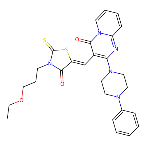 3-{(Z)-[3-(3-ethoxypropyl)-4-oxo-2-thioxo-1,3-thiazolidin-5-ylidene]methyl}-2-(4-phenylpiperazin-1-yl)-4H-pyrido[1,2-a]pyrimidin-4-one structure