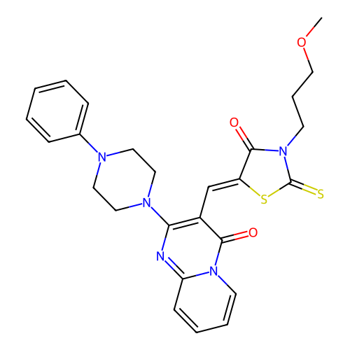 3-{(Z)-[3-(3-methoxypropyl)-4-oxo-2-thioxo-1,3-thiazolidin-5-ylidene]methyl}-2-(4-phenylpiperazin-1-yl)-4H-pyrido[1,2-a]pyrimidin-4-one structure