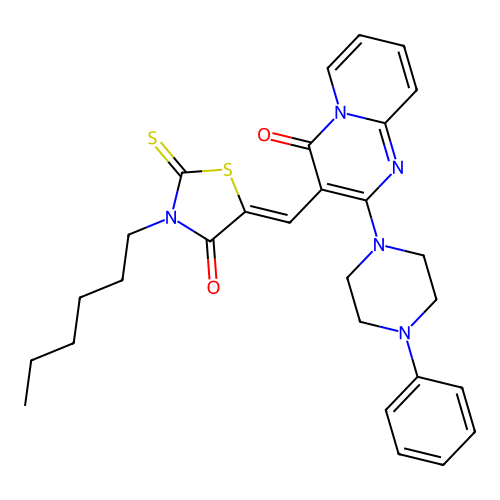 3-[(Z)-(3-hexyl-4-oxo-2-thioxo-1,3-thiazolidin-5-ylidene)methyl]-2-(4-phenylpiperazin-1-yl)-4H-pyrido[1,2-a]pyrimidin-4-one structure