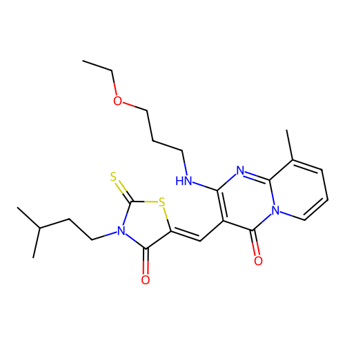 2-[(3-ethoxypropyl)amino]-9-methyl-3-{(Z)-[3-(3-methylbutyl)-4-oxo-2-thioxo-1,3-thiazolidin-5-ylidene]methyl}-4H-pyrido[1,2-a]pyrimidin-4-one structure