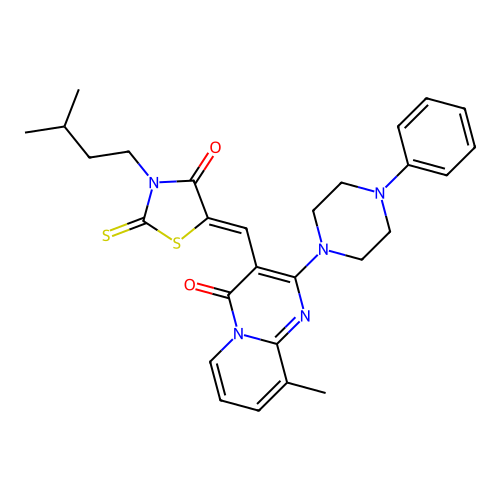 9-methyl-3-{(Z)-[3-(3-methylbutyl)-4-oxo-2-thioxo-1,3-thiazolidin-5-ylidene]methyl}-2-(4-phenylpiperazin-1-yl)-4H-pyrido[1,2-a]pyrimidin-4-one structure