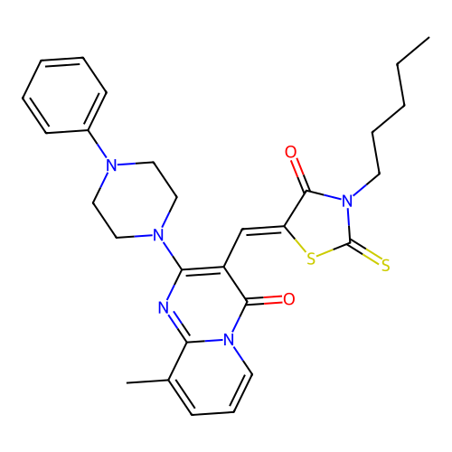 9-methyl-3-[(Z)-(4-oxo-3-pentyl-2-thioxo-1,3-thiazolidin-5-ylidene)methyl]-2-(4-phenylpiperazin-1-yl)-4H-pyrido[1,2-a]pyrimidin-4-one structure