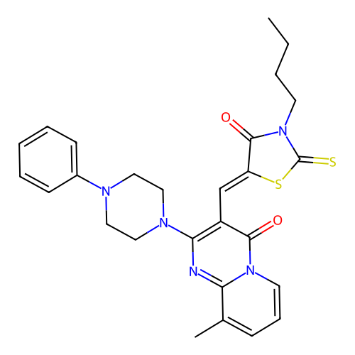 3-[(Z)-(3-butyl-4-oxo-2-thioxo-1,3-thiazolidin-5-ylidene)methyl]-9-methyl-2-(4-phenylpiperazin-1-yl)-4H-pyrido[1,2-a]pyrimidin-4-one structure