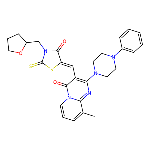9-methyl-3-{(Z)-[4-oxo-3-(tetrahydrofuran-2-ylmethyl)-2-thioxo-1,3-thiazolidin-5-ylidene]methyl}-2-(4-phenylpiperazin-1-yl)-4H-pyrido[1,2-a]pyrimidin-4-one structure