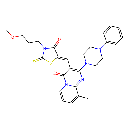 3-{(Z)-[3-(3-methoxypropyl)-4-oxo-2-thioxo-1,3-thiazolidin-5-ylidene]methyl}-9-methyl-2-(4-phenylpiperazin-1-yl)-4H-pyrido[1,2-a]pyrimidin-4-one structure