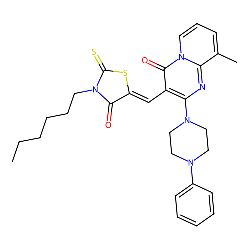 3-[(Z)-(3-hexyl-4-oxo-2-thioxo-1,3-thiazolidin-5-ylidene)methyl]-9-methyl-2-(4-phenylpiperazin-1-yl)-4H-pyrido[1,2-a]pyrimidin-4-one structure