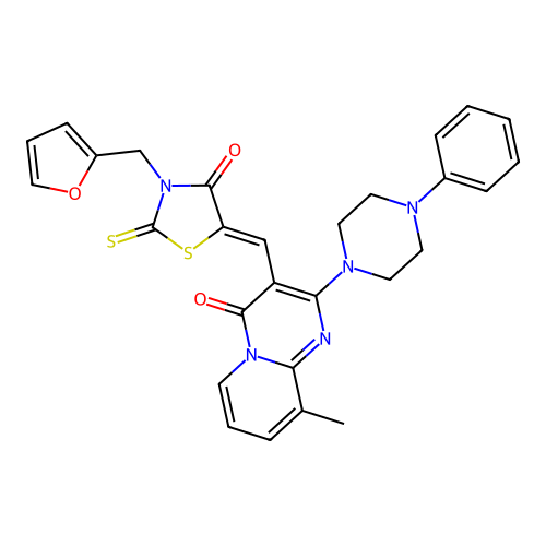 3-{(Z)-[3-(furan-2-ylmethyl)-4-oxo-2-thioxo-1,3-thiazolidin-5-ylidene]methyl}-9-methyl-2-(4-phenylpiperazin-1-yl)-4H-pyrido[1,2-a]pyrimidin-4-one structure