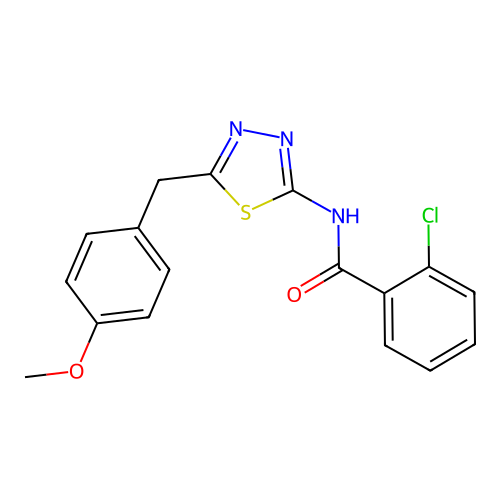 2-chloro-N-[5-(4-methoxybenzyl)-1,3,4-thiadiazol-2-yl]benzamide structure