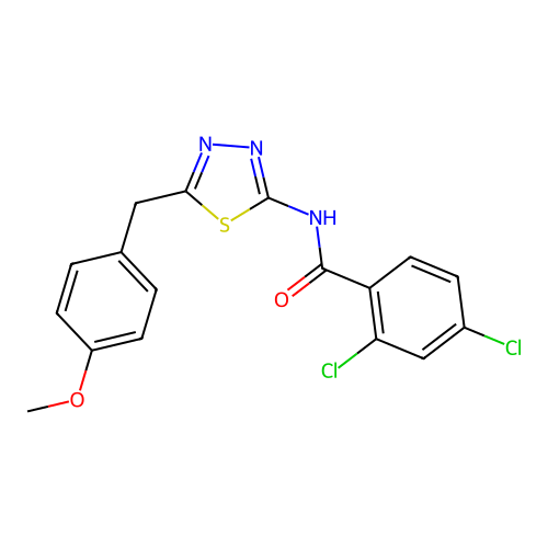 2,4-dichloro-N-(5-(4-methoxybenzyl)-1,3,4-thiadiazol-2-yl)benzamide structure