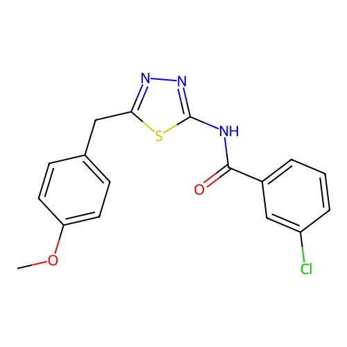 3-chloro-N-(5-(4-methoxybenzyl)-1,3,4-thiadiazol-2-yl)benzamide structure