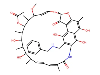 (12Z,14E,24E)-8-[(Benzylamino)methyl]-5,6,9,17,19-pentahydroxy-23-methoxy-2,4,12,16,18,20,22-heptamethyl-1,11-dioxo-1,2-dihydro-2,7-(epoxypentadeca[1,11,13]trienoimino)naphtho[2,1-b]furan-21-yl acetate structure