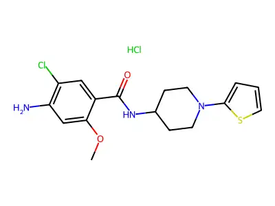 Benzamide, 4-amino-5-chloro-2-methoxy-N-(1-(2-thienyl)-4-piperidinyl)-, monohydrochloride structure