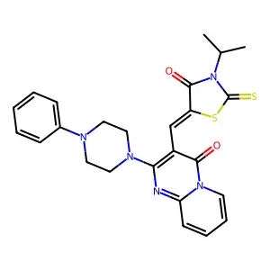3-{(Z)-[4-oxo-3-(propan-2-yl)-2-thioxo-1,3-thiazolidin-5-ylidene]methyl}-2-(4-phenylpiperazin-1-yl)-4H-pyrido[1,2-a]pyrimidin-4-one structure