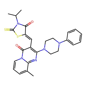 9-methyl-3-{(Z)-[4-oxo-3-(propan-2-yl)-2-thioxo-1,3-thiazolidin-5-ylidene]methyl}-2-(4-phenylpiperazin-1-yl)-4H-pyrido[1,2-a]pyrimidin-4-one structure