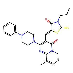 9-methyl-3-[(Z)-(4-oxo-3-propyl-2-thioxo-1,3-thiazolidin-5-ylidene)methyl]-2-(4-phenylpiperazin-1-yl)-4H-pyrido[1,2-a]pyrimidin-4-one structure