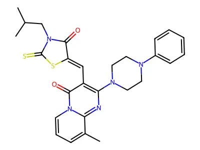 9-methyl-3-{(Z)-[3-(2-methylpropyl)-4-oxo-2-thioxo-1,3-thiazolidin-5-ylidene]methyl}-2-(4-phenylpiperazin-1-yl)-4H-pyrido[1,2-a]pyrimidin-4-one structure