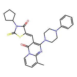 3-[(Z)-(3-cyclopentyl-4-oxo-2-thioxo-1,3-thiazolidin-5-ylidene)methyl]-9-methyl-2-(4-phenylpiperazin-1-yl)-4H-pyrido[1,2-a]pyrimidin-4-one structure