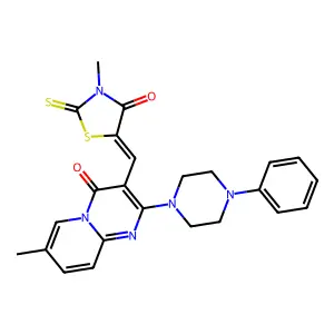 7-methyl-3-[(Z)-(3-methyl-4-oxo-2-thioxo-1,3-thiazolidin-5-ylidene)methyl]-2-(4-phenylpiperazin-1-yl)-4H-pyrido[1,2-a]pyrimidin-4-one structure