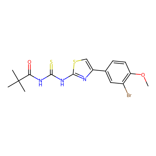 N-((4-(3-bromo-4-methoxyphenyl)thiazol-2-yl)carbamothioyl)pivalamide structure